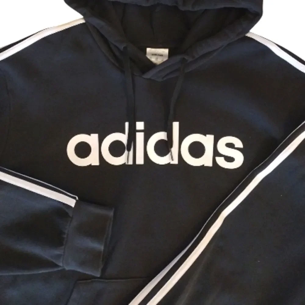 ADIDAS Black White Essentials Three Stripes Logo‎ Pullover Hoodie Men's XXL